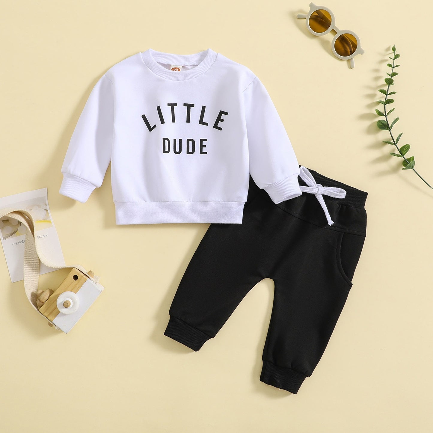 Children's round neck letter printed top solid color pants two-piece set multi-color design