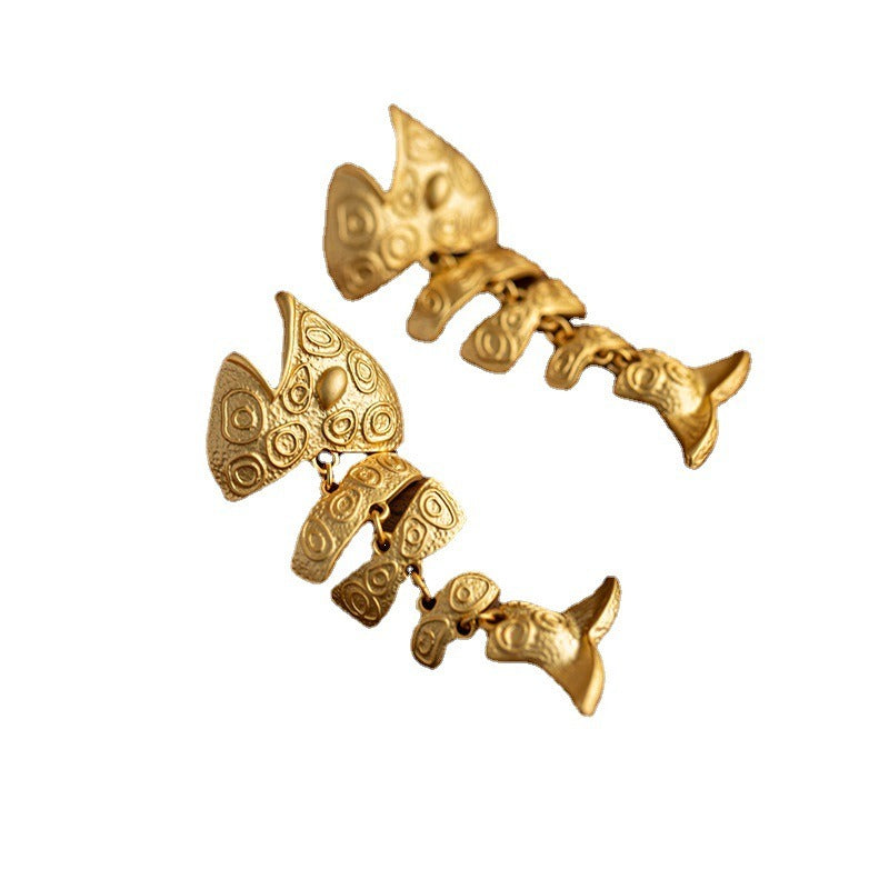 Fish bone earrings for women, niche design, high-end gold earrings, personalized light luxury retro earrings