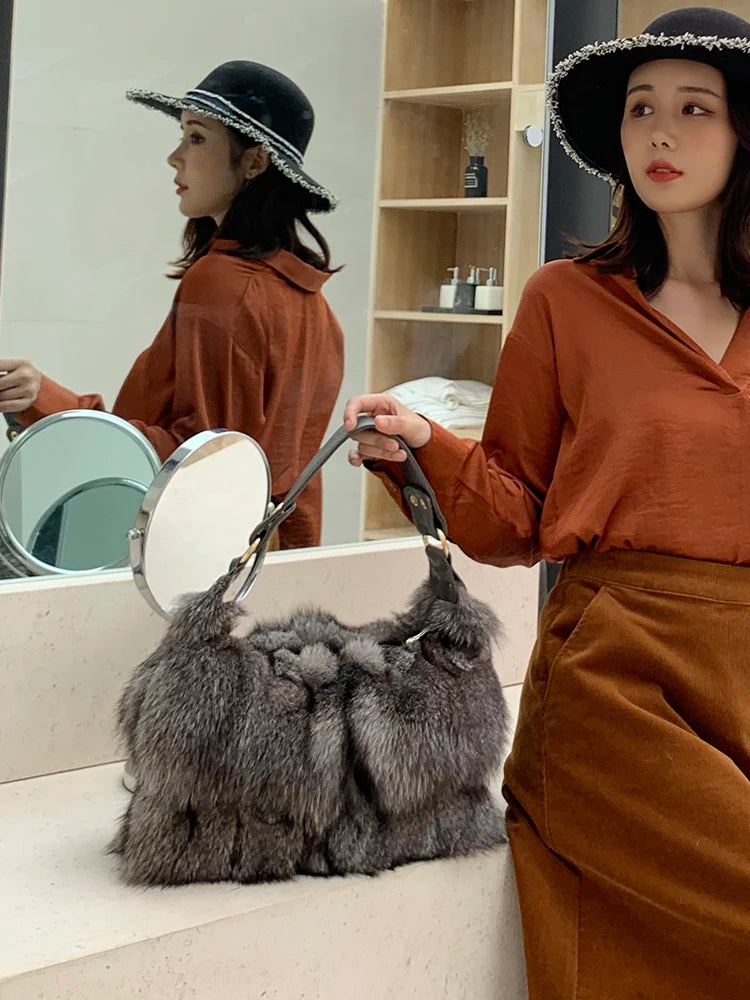 Women Winter Real Fox Fur Handbag Luxury Genuine Fur Party Bag Tote Designer High Quality Real Silver Fox Fur Handbags Female