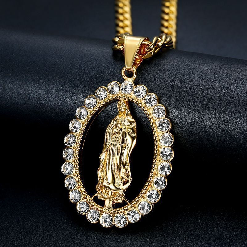 Stainless steel gold-plated diamond studded Virgin Mary pendant