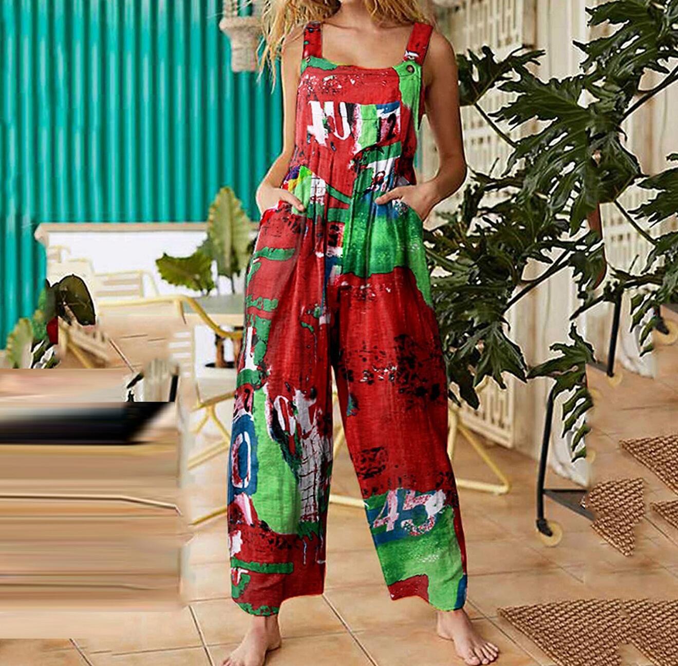 Women’s Jumpsuit Casual Sleeveless Loose Wide Leg Jumpsuit Plus Size Suspender Long Baggy Pants Rompers Overalls With Pockets