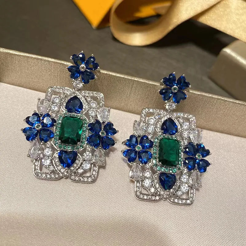 Sapphire Flower Square Brand Heavy Industry Zircon Earrings S925 Silver Needle Earrings Luxury Zircon Earrings