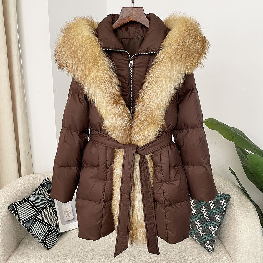 Hooded down jacket women's fox fur collar