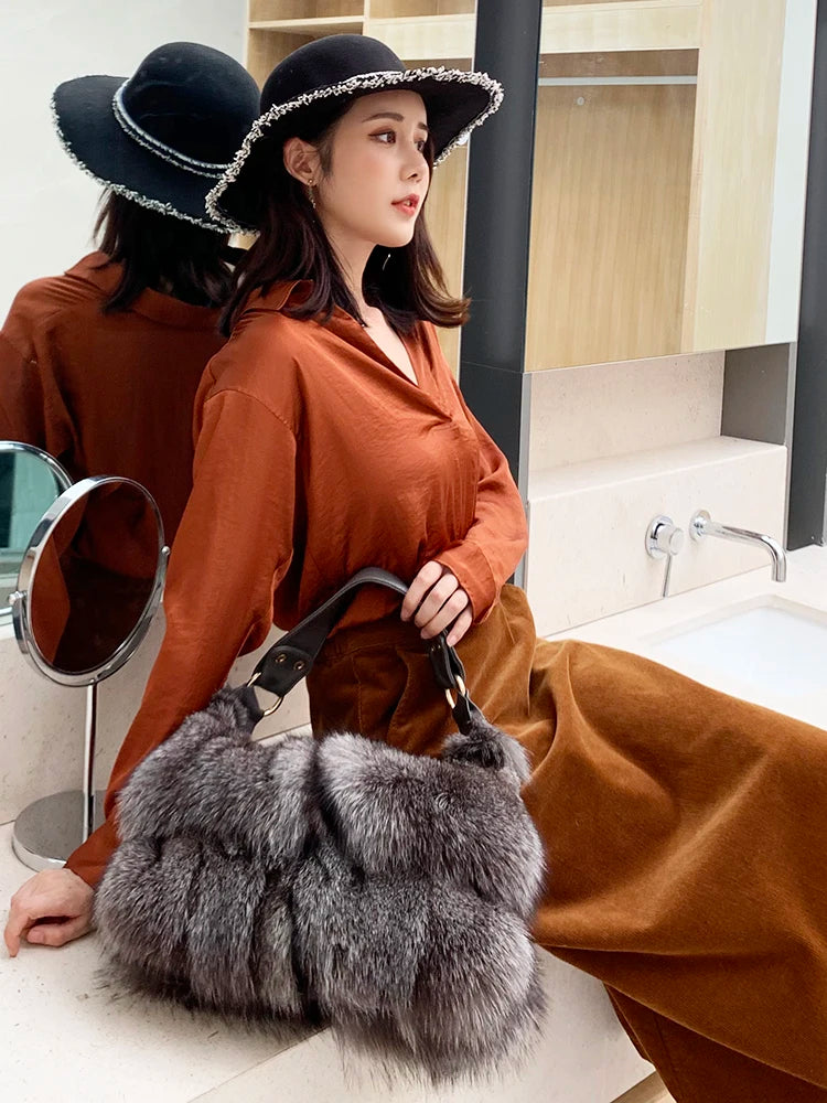 Women Winter Real Fox Fur Handbag Luxury Genuine Fur Party Bag Tote Designer High Quality Real Silver Fox Fur Handbags Female