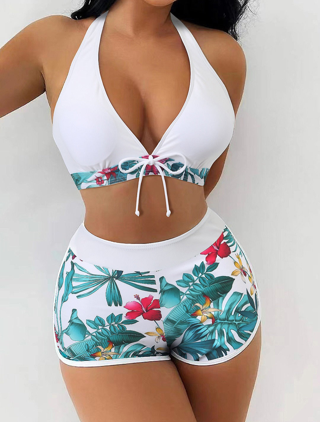 European and American swimwear women's split high waisted panel tie up flat angle college sports surfing bikini