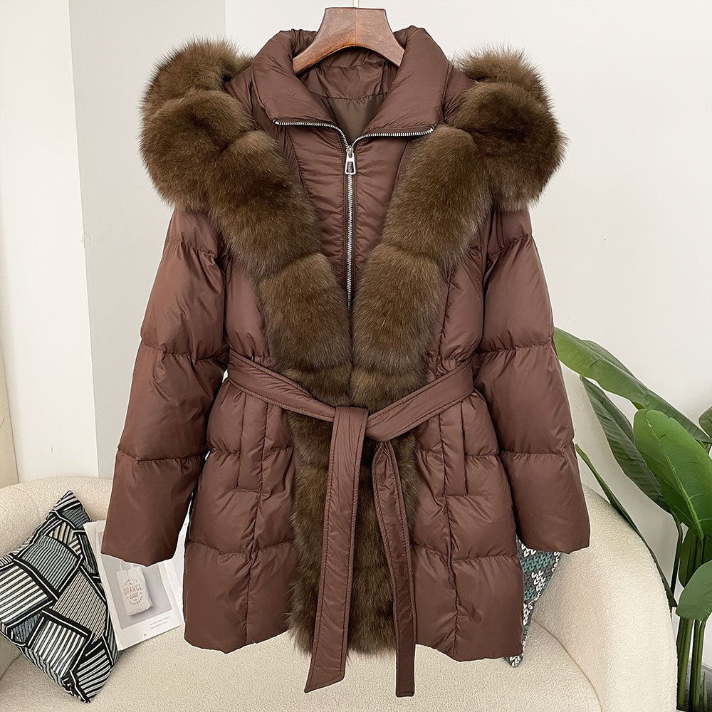 Hooded down jacket women's fox fur collar