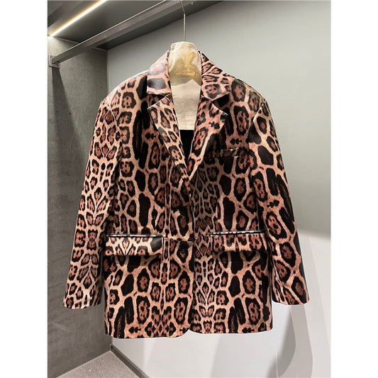 Explosive leopard print fashion genuine leather sheepskin high-end feeling slim fit suit design sense loose and versatile top