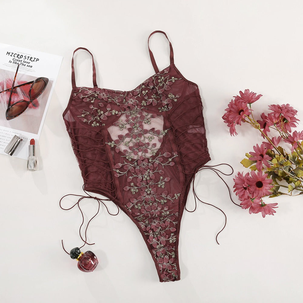 Erotic Lingerie Lace Flower Embroidery Lace-Up Sexy Perspective Temptation Jumpsuit For Women