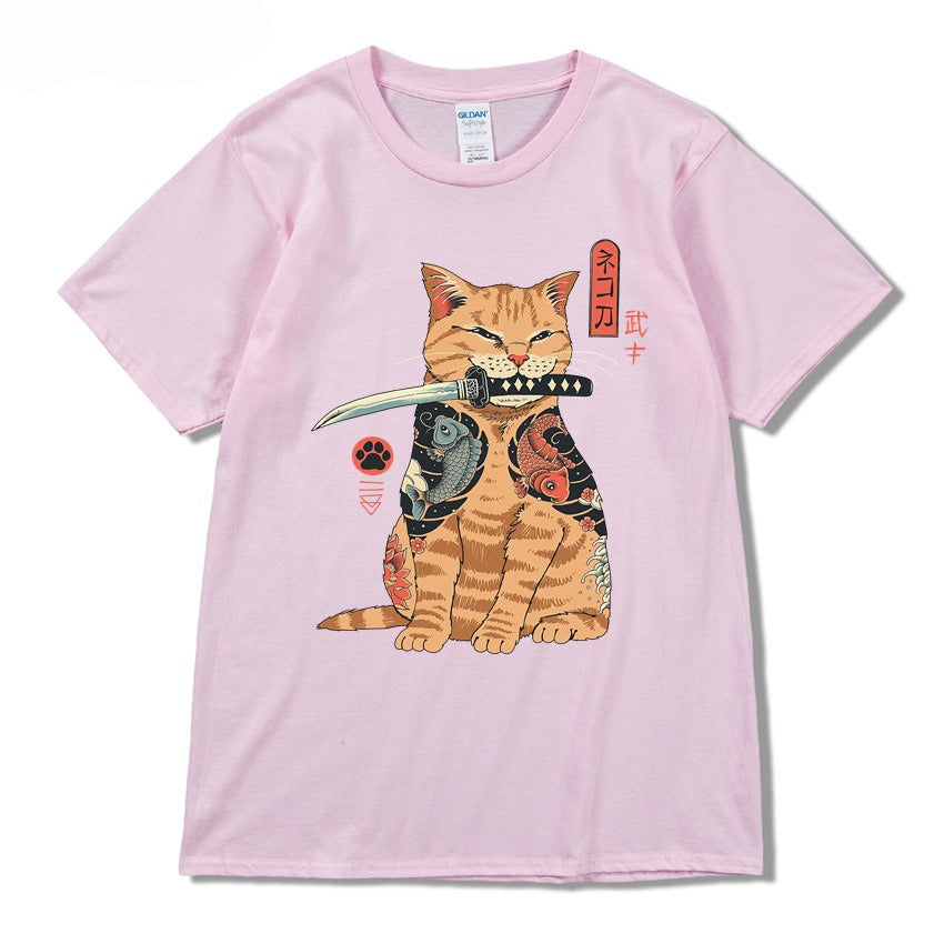 Summer 2D printed T-shirt sports round neck casual short sleeved cat top