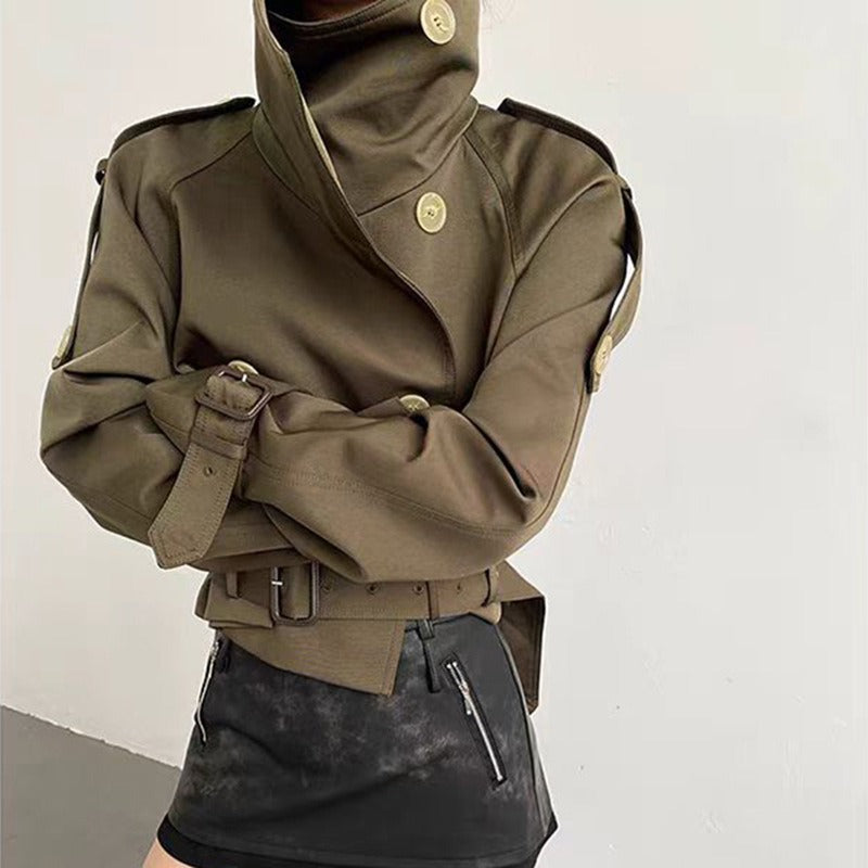 Minimalist short windbreaker jacket with double breasted top for women