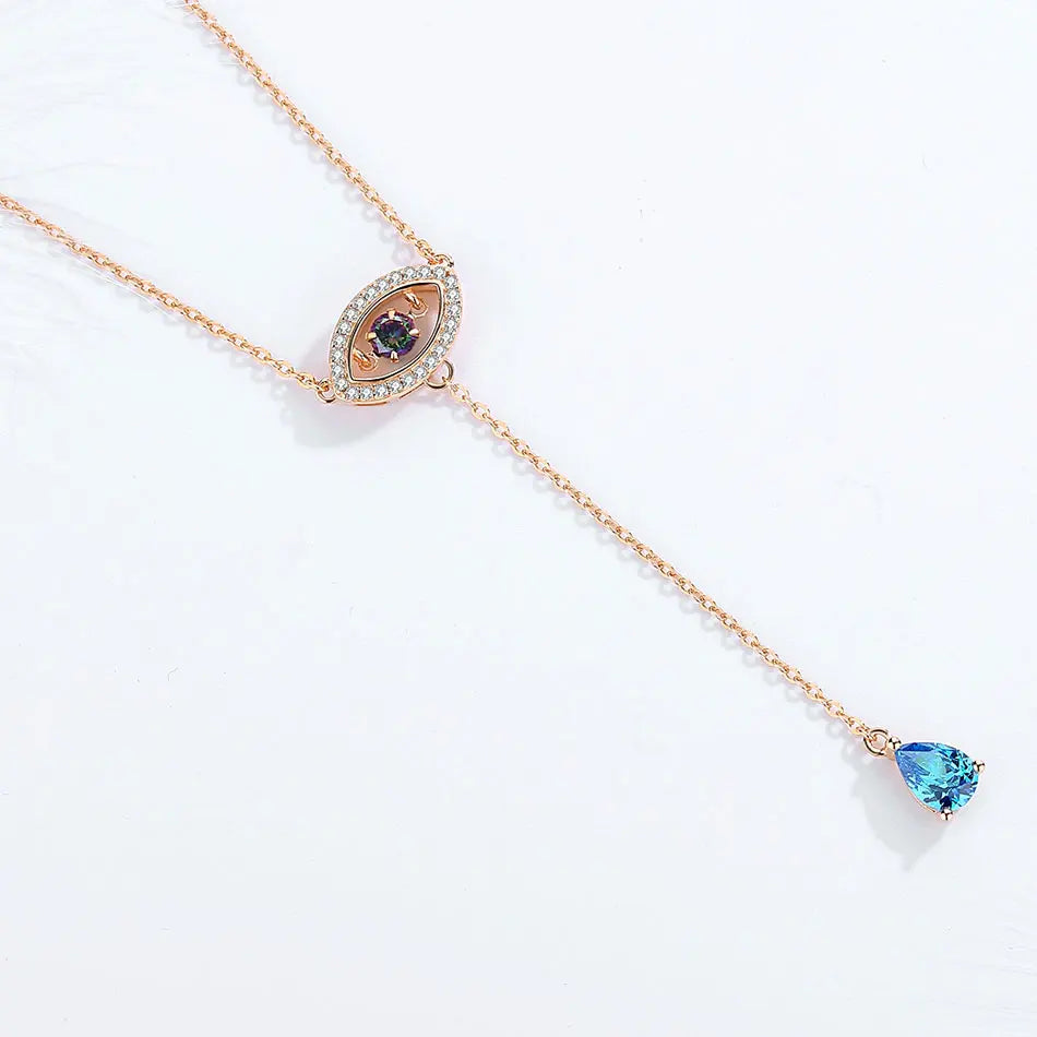 925 Sterling Silver Necklace Women Water Drop Pendant Evil Eye Necklace Blue Zircon Long Chain Turkey Jewelry