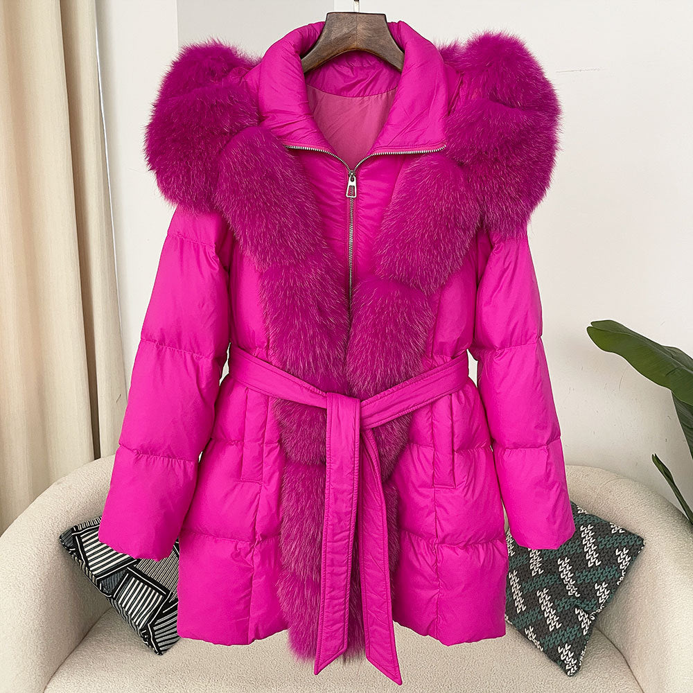 Hooded down jacket women's fox fur collar