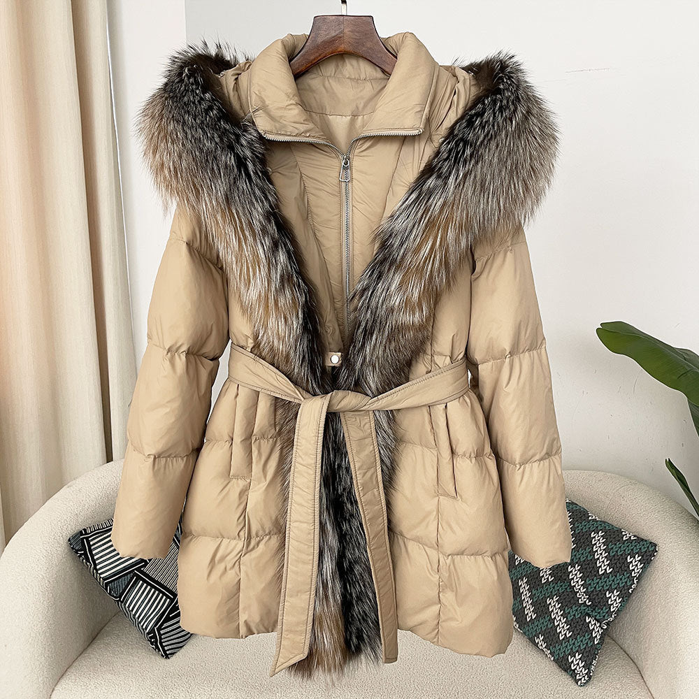 Hooded down jacket women's fox fur collar