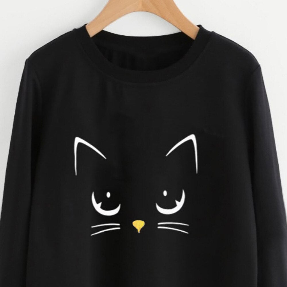 Cat Printing Round Neck Long Sleeve Warm Sweatshirts Women Korean style Loose Hoodies Female Casual Coat Female S-3XL#5$