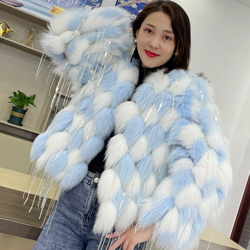 Fox fur coat women's fur car stripe tassel short V-neck