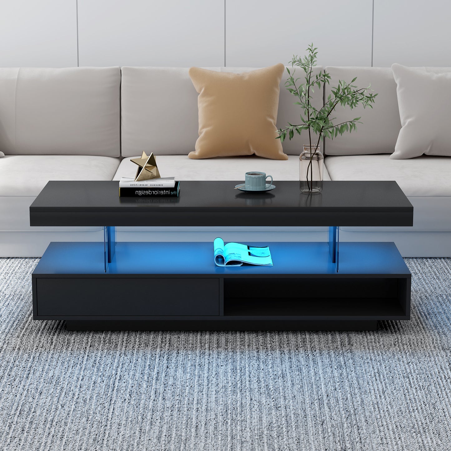 U-Can LED coffee table with storage space, modern central table with 2 drawers and display rack, equipped with LED lights, black