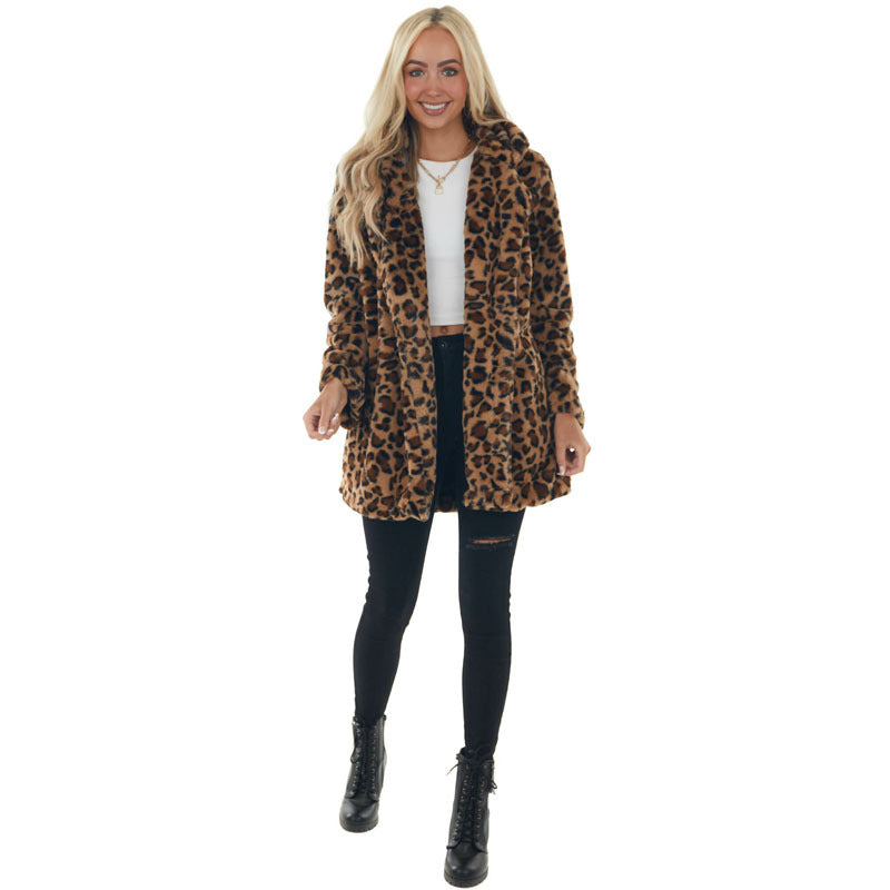 European and American autumn and winter leopard print women's clothing fashionable temperament with pocket loose fur jacket