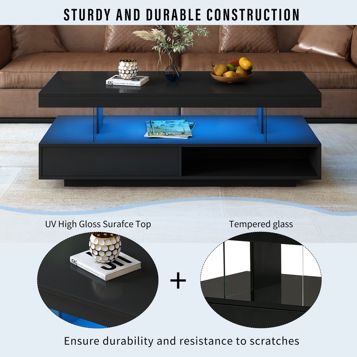 U-Can LED coffee table with storage space, modern central table with 2 drawers and display rack, equipped with LED lights, black