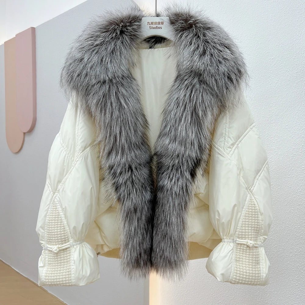 Janveny Natural Silver Fox Fur Collar Women's White Duck Down Jacket Luxury Brand Short Puffer Coat Thick Warm Female Parkas