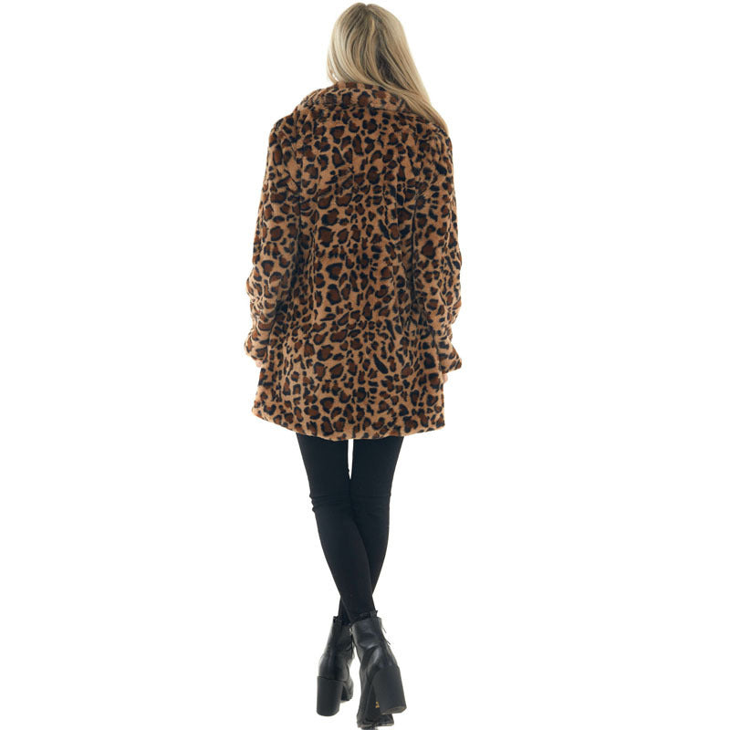 European and American autumn and winter leopard print women's clothing fashionable temperament with pocket loose fur jacket