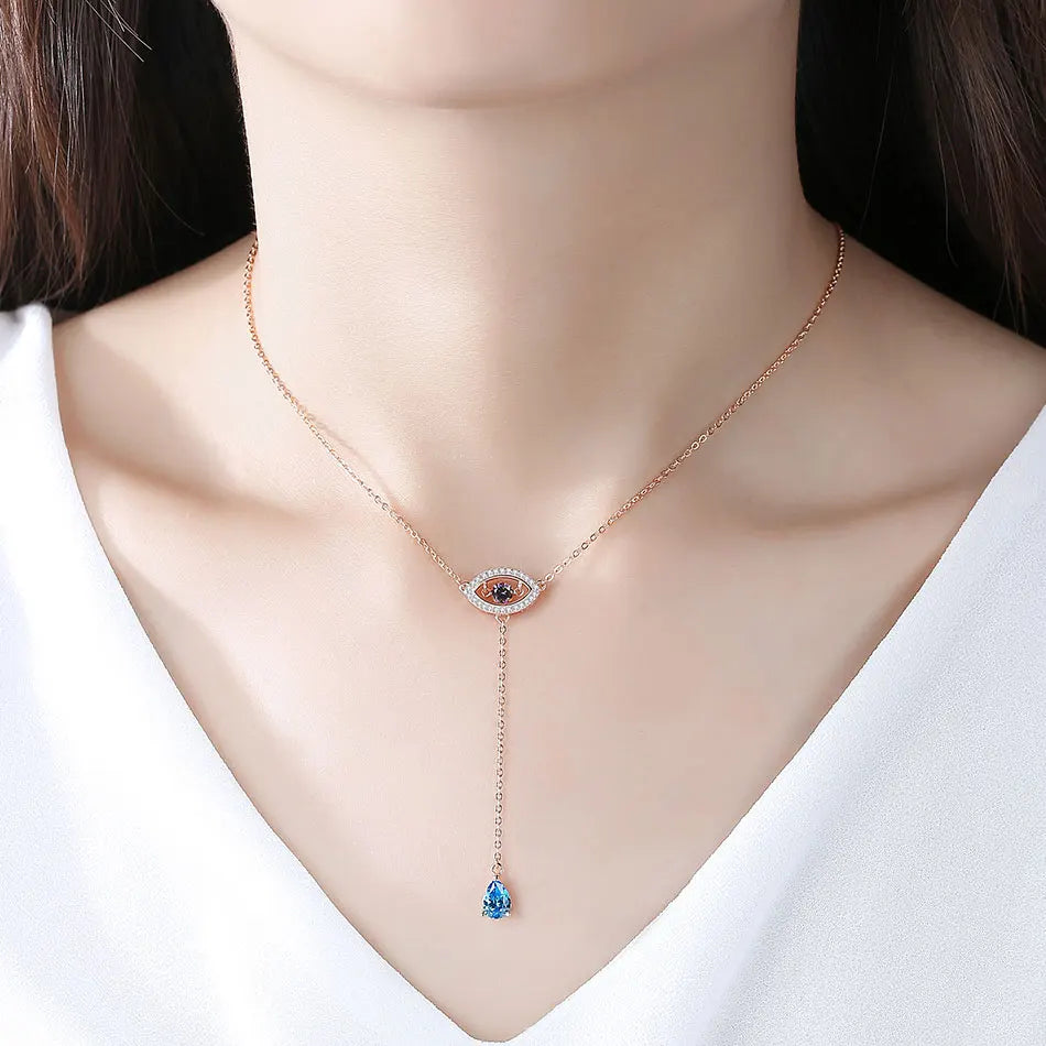 925 Sterling Silver Necklace Women Water Drop Pendant Evil Eye Necklace Blue Zircon Long Chain Turkey Jewelry