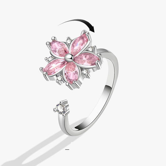 Romantic floral zircon ring with light luxury and niche design, pink floral ring