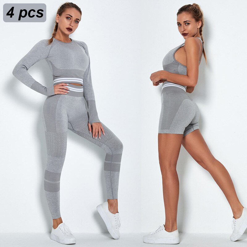 4Pcs Women Vital Seamless Yoga Set Sports Bra+Crop Top Shirts+Shorts+High Waist Leggings Gym Clothing Sports Wear For Women