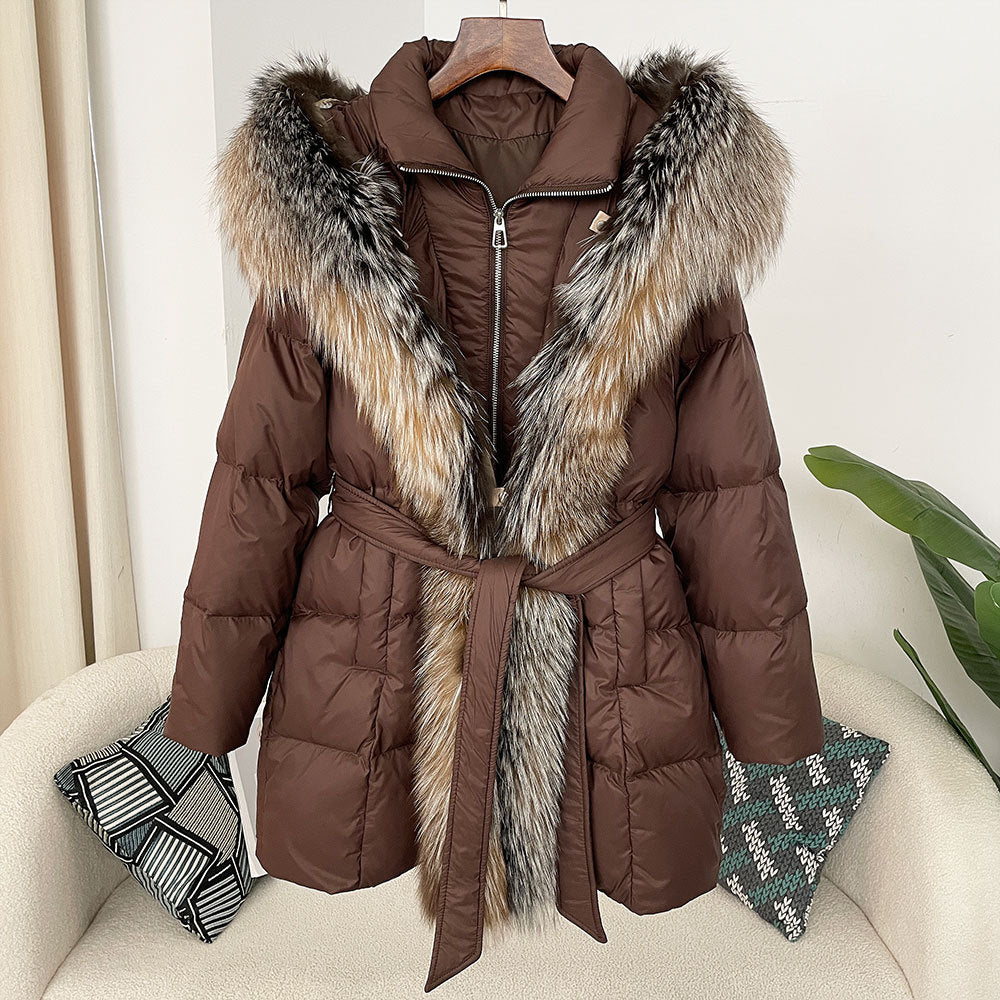 Hooded down jacket women's fox fur collar