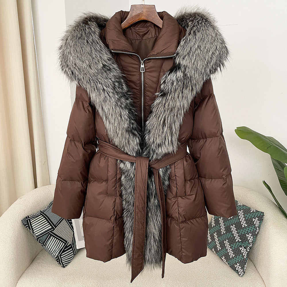 Hooded down jacket women's fox fur collar