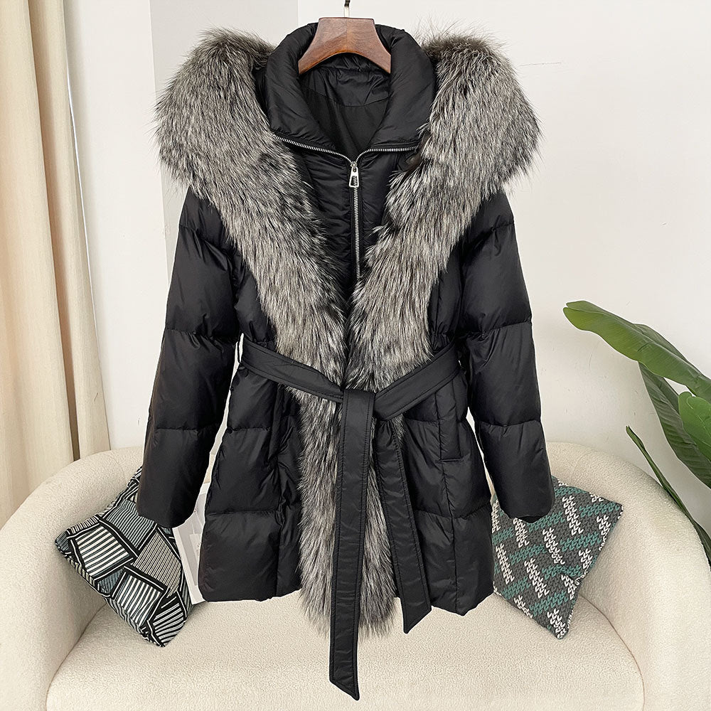 Hooded down jacket women's fox fur collar