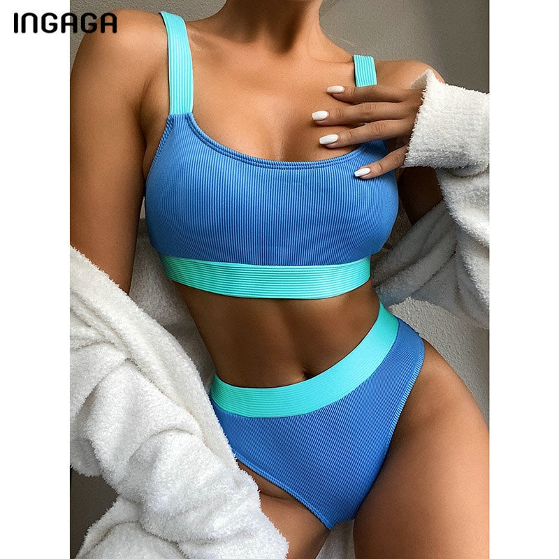 High Waist Bikinis Swimsuits Bandeau Swimwear Women Splicing Biquini Beachwear Sports Ribbed Bathing Suits New