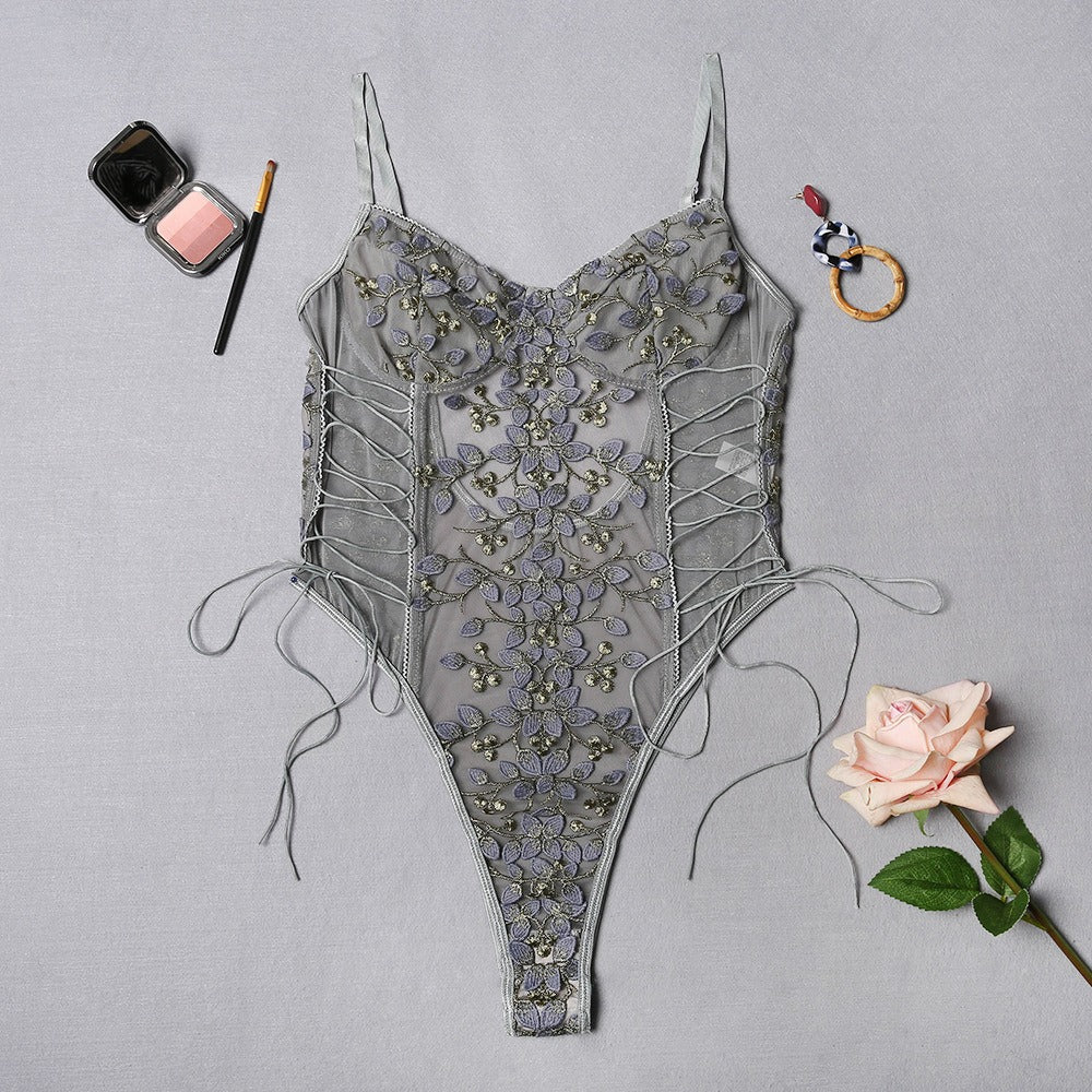 Erotic Lingerie Lace Flower Embroidery Lace-Up Sexy Perspective Temptation Jumpsuit For Women