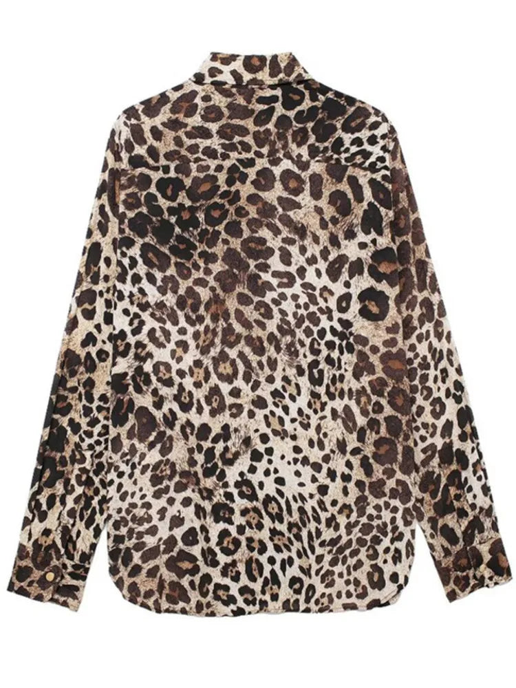 Flip collar single breasted animal print versatile shirt for women