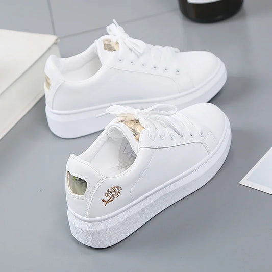 Women Casual Shoes New Spring Fashion Embroidered White Breathable Flower Lace-Up Sneakers White Tenis Feminino Flat  Zapatillas