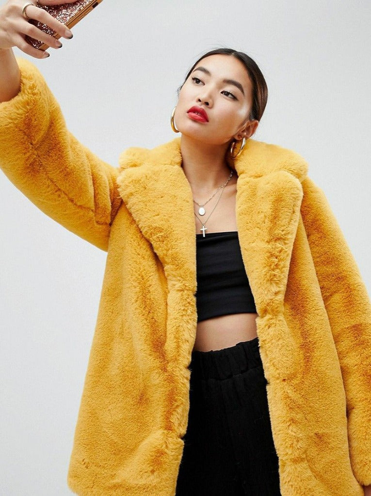 Fur plush warm casual loose jacket with thick collar and fur coat