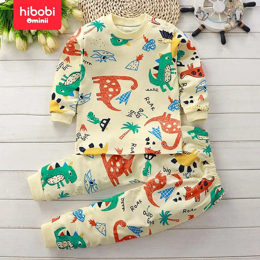 hibobi 2pcs Autumn Children's Pajamas Set Children's Clothing Dinosaur Pattern Pure Cotton Crew Neck Underwear Home Clothes Set