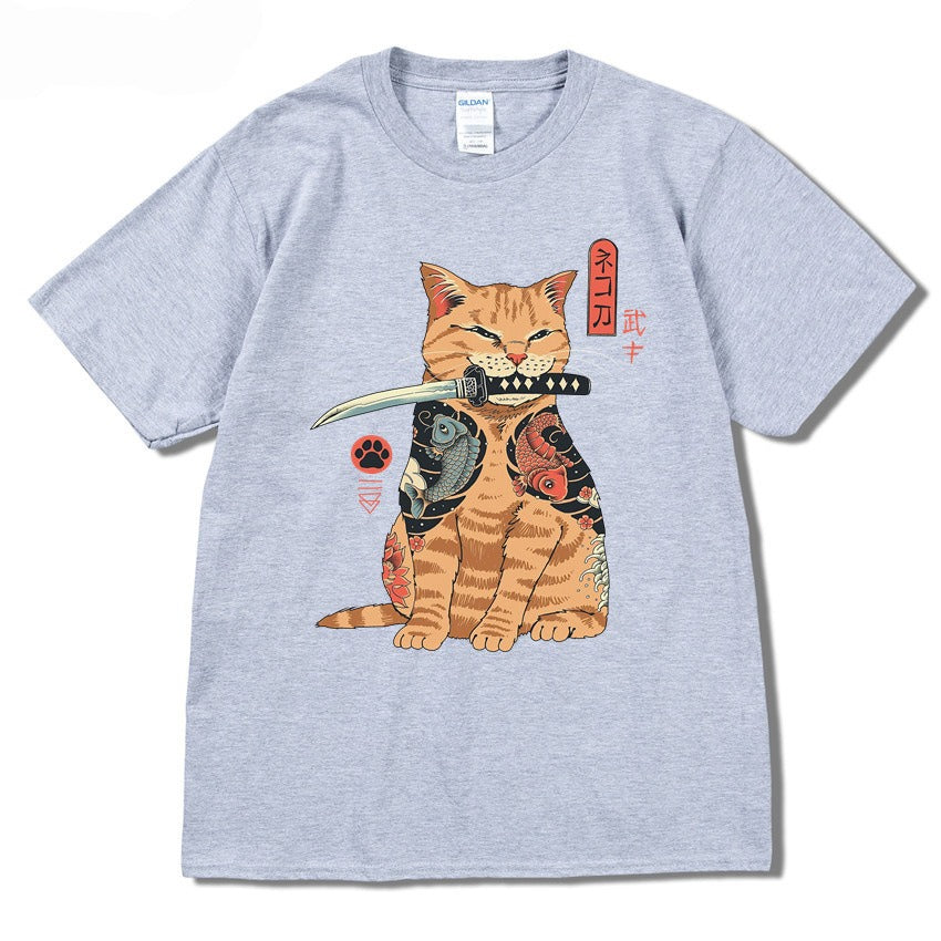 Summer 2D printed T-shirt sports round neck casual short sleeved cat top