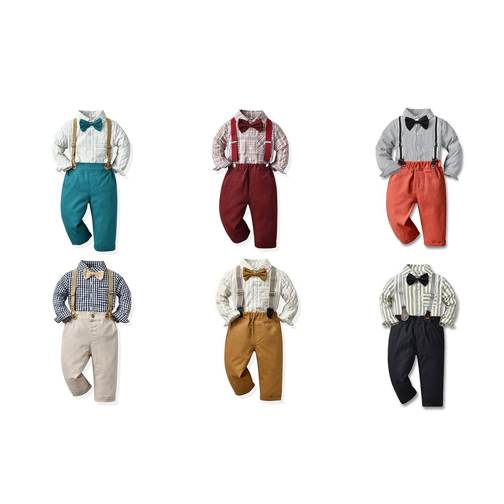 Children's Clothing Autumn Korean Version Multi-Color Plaid Long Sleeve Cotton Shirt Suspenders Boys' Suit