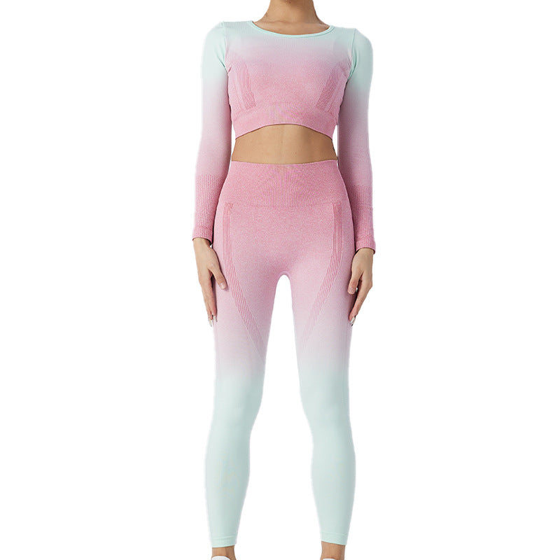 Seamless Knitted Tight Fitness Pants Running Fast Dry Sports Long Sleeve Gradual Change Yoga Suit