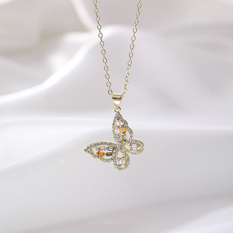 Fashion Copper Inlaid Zircon Butterfly Necklace for Women