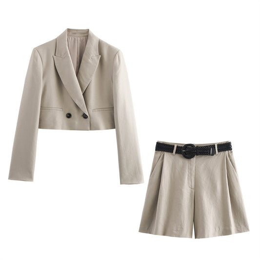 New double breasted short suit jacket with belt and casual shorts set