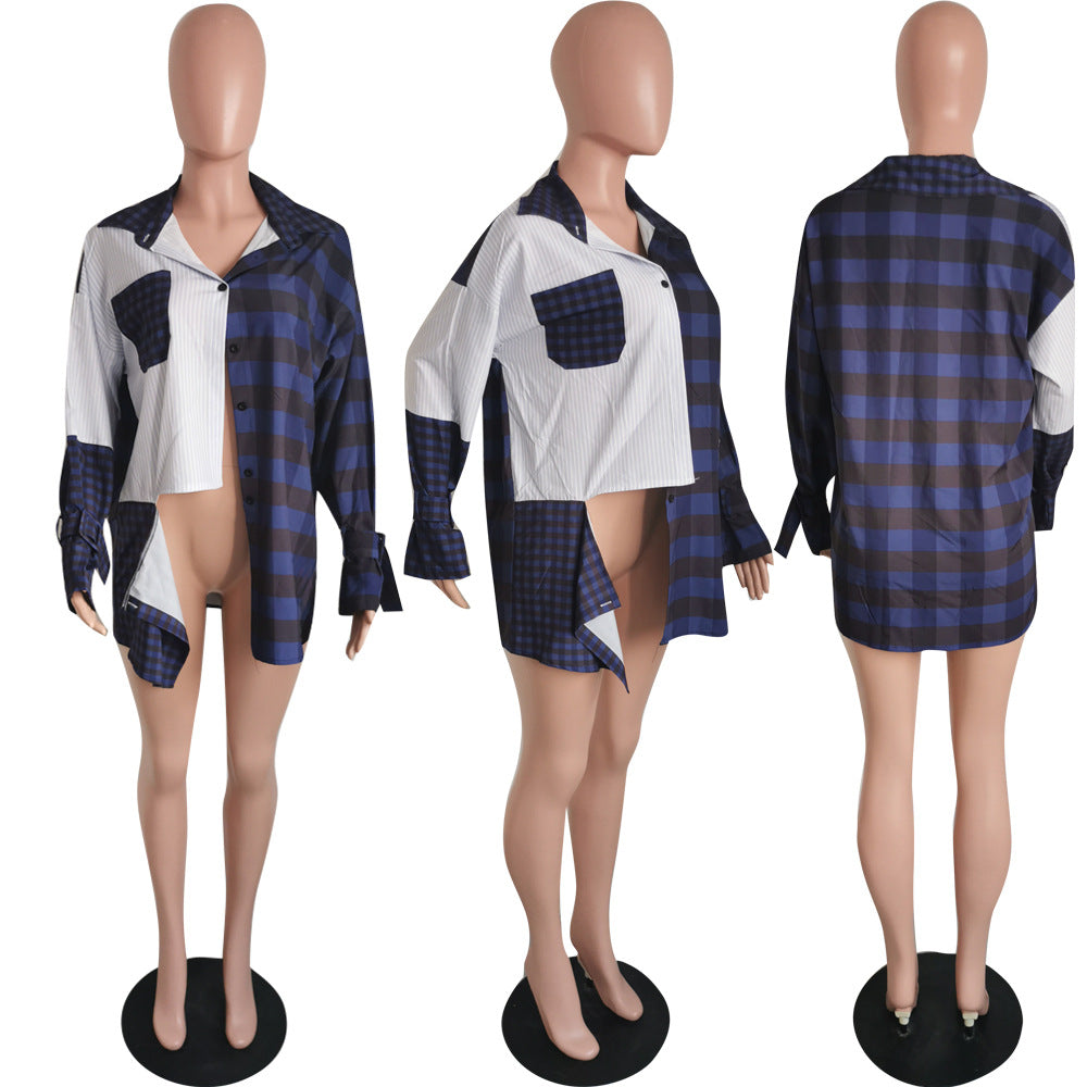 Plaid patchwork top casual loose irregular women's shirt