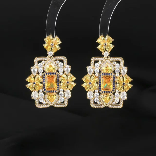 Sapphire Flower Square Brand Heavy Industry Zircon Earrings S925 Silver Needle Earrings Luxury Zircon Earrings