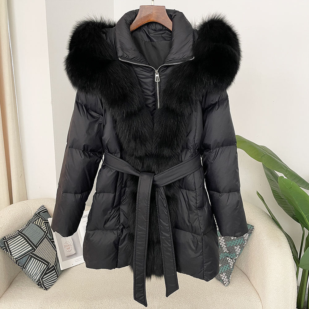 Hooded down jacket women's fox fur collar