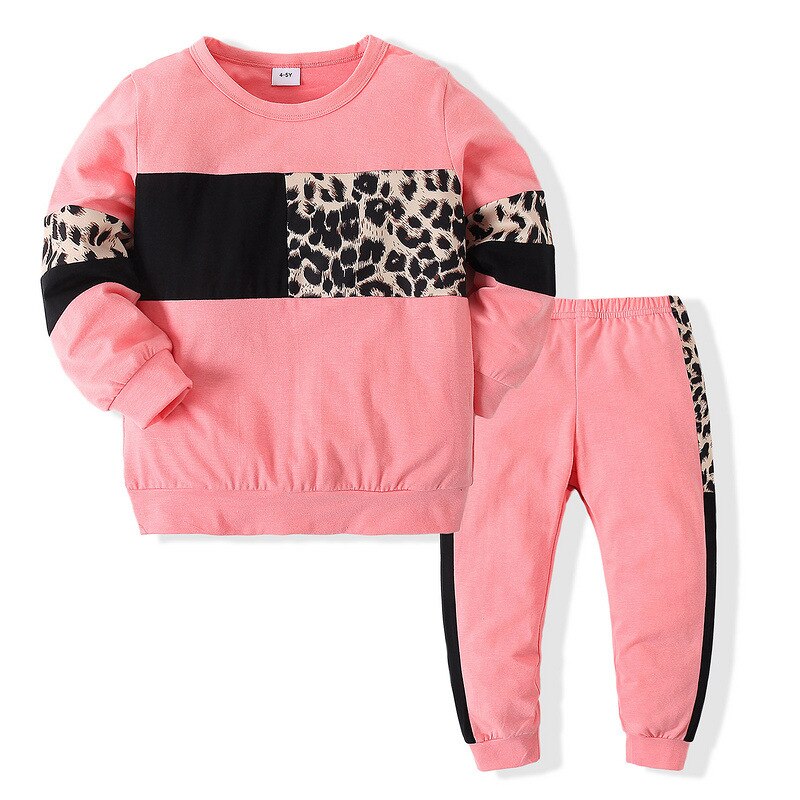 Sports children's clothing spring new boys and girls long-sleeved leopard print T-shirt casual two-piece suit