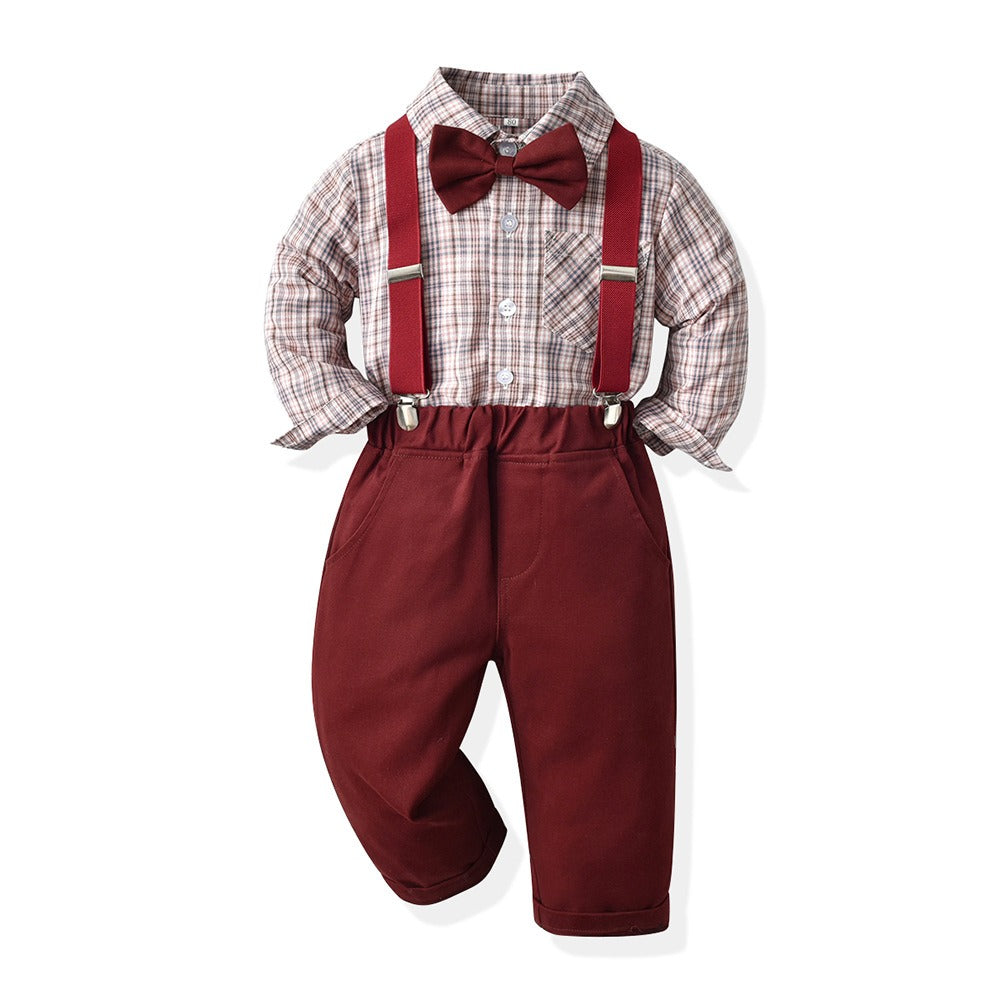 Children's Clothing Autumn Korean Version Multi-Color Plaid Long Sleeve Cotton Shirt Suspenders Boys' Suit