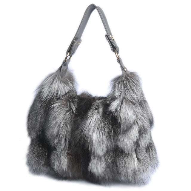 Women Winter Real Fox Fur Handbag Luxury Genuine Fur Party Bag Tote Designer High Quality Real Silver Fox Fur Handbags Female