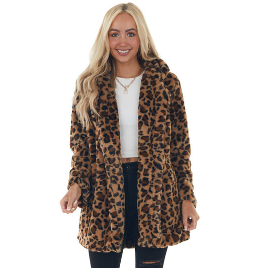 European and American autumn and winter leopard print women's clothing fashionable temperament with pocket loose fur jacket