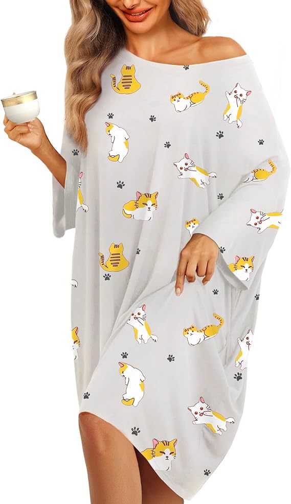 Women's nightgown home clothes T-shirt short sleeved printed pajamas nightgown with pockets