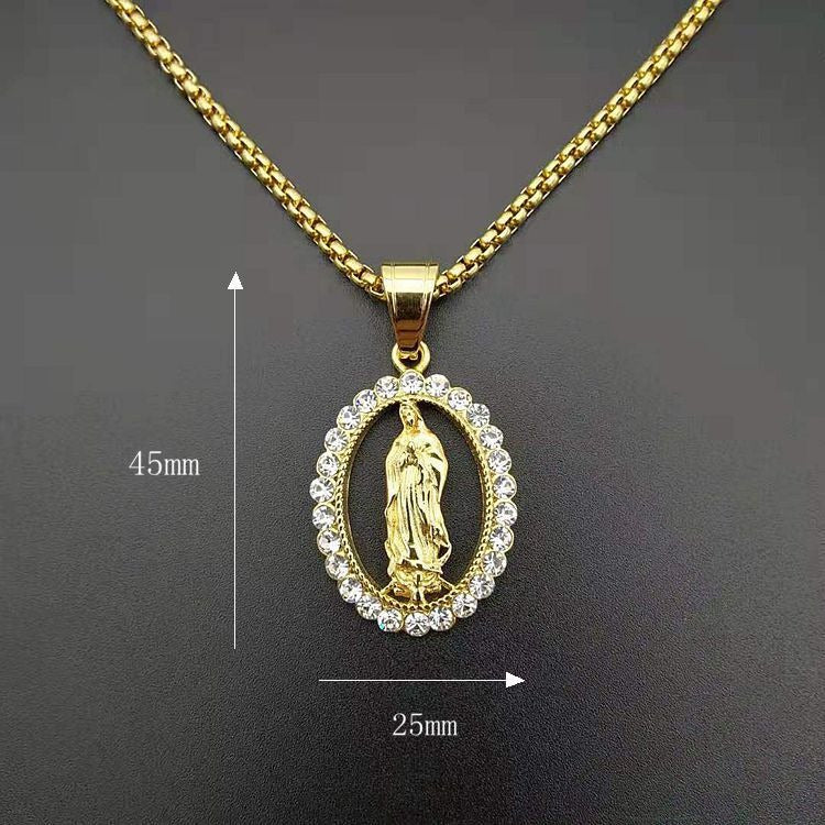 Stainless steel gold-plated diamond studded Virgin Mary pendant